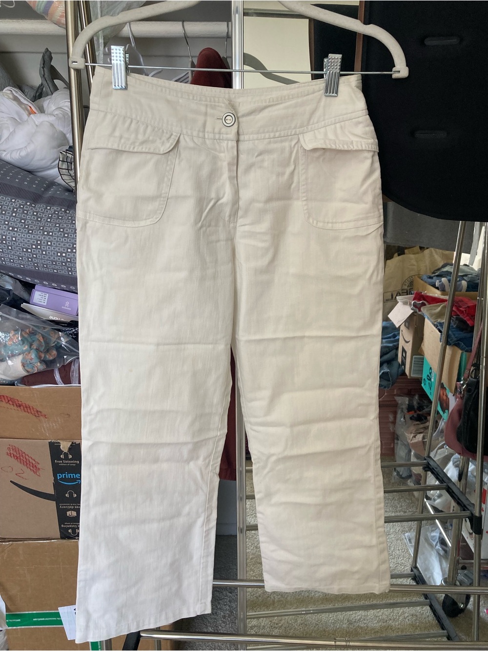 Women's 100% cotton Cream Cropped Straight-Leg Pants with Patch Pockets size S
